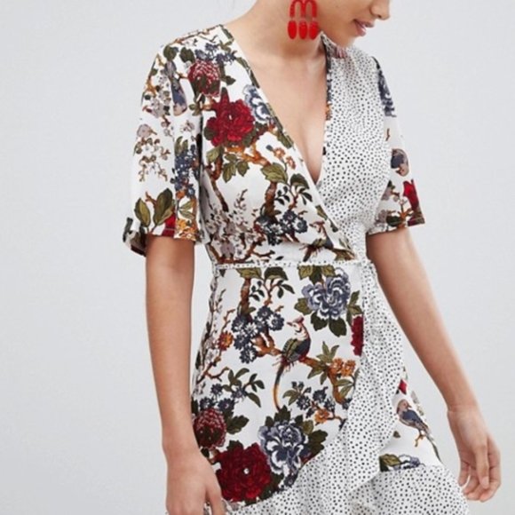 Missguided Dresses & Skirts - Missguided floral polka dot wrap tea dress